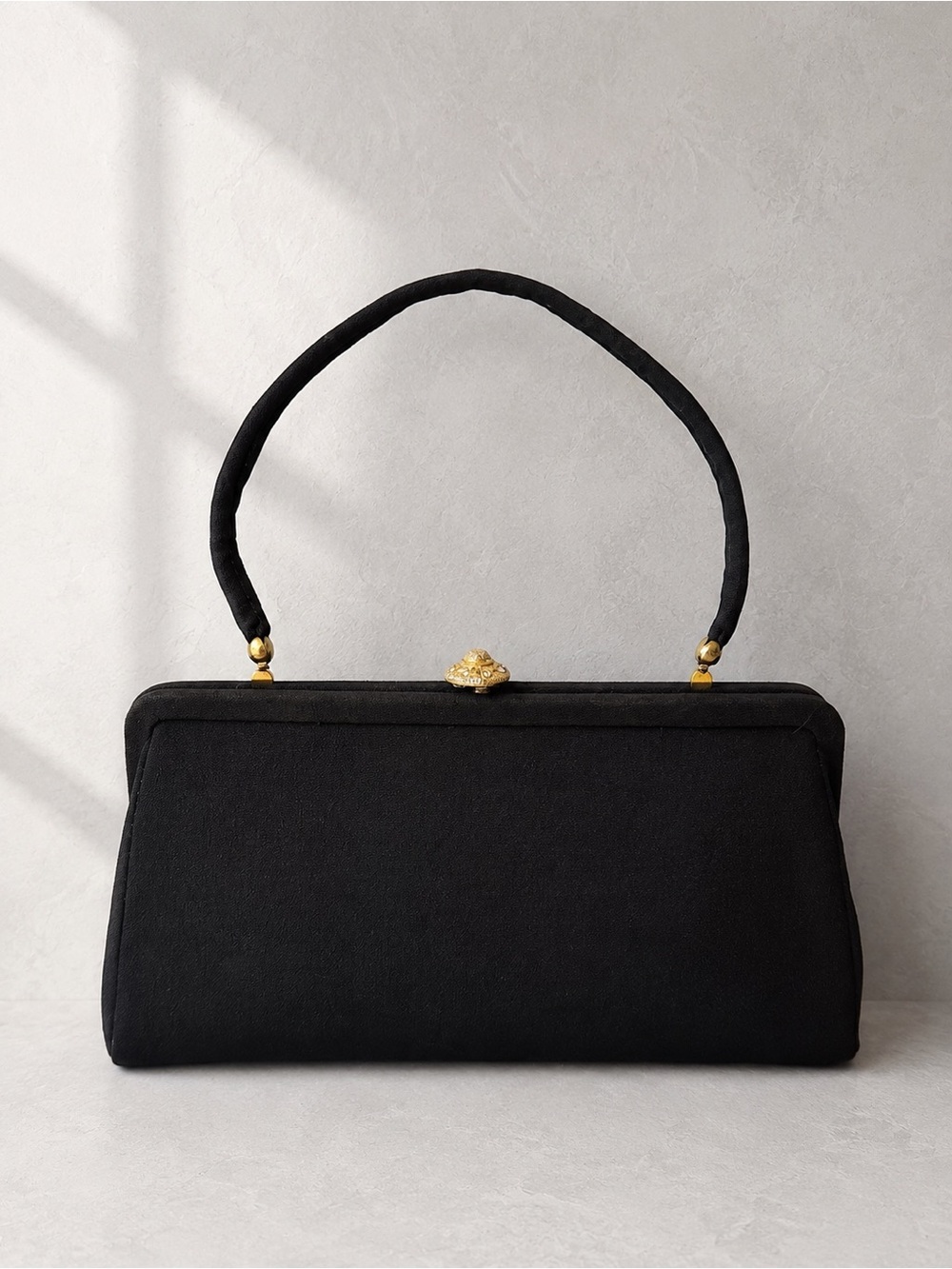 Vintage Black Evening Handbag Rhinestone Clasp Convertible Clutch 1950s 60s